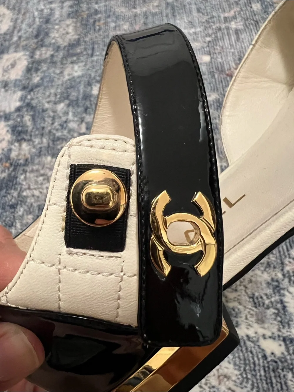 CHANEL Black & Cream Quilted Mary Jane Flats with Gold CC Hardware